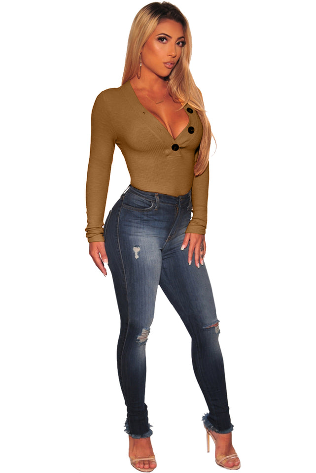 Yellow Dijon Ribbed Knit Button Neckline Long Sleeves Bodysuit