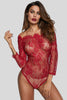 Burgundy Long Sleeve Embroidery Lace Bodysuit