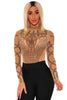 Khaki Black Rhinestone Faux Bustier Mesh Long Sleeves Bodysuit