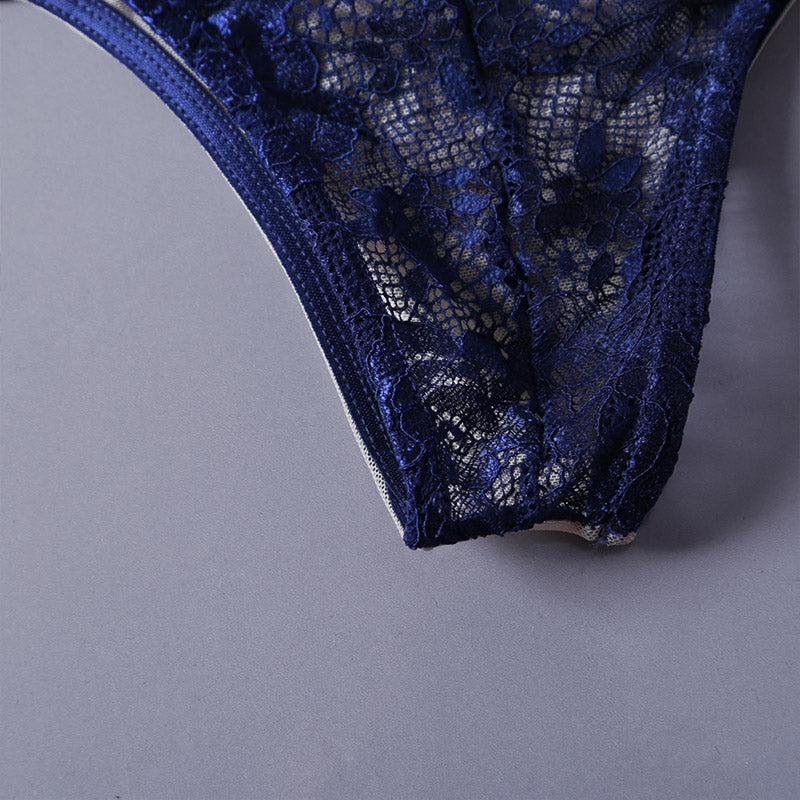 Blue Sheer Lace Mesh Cutout 2pcs Conjunto de lencería