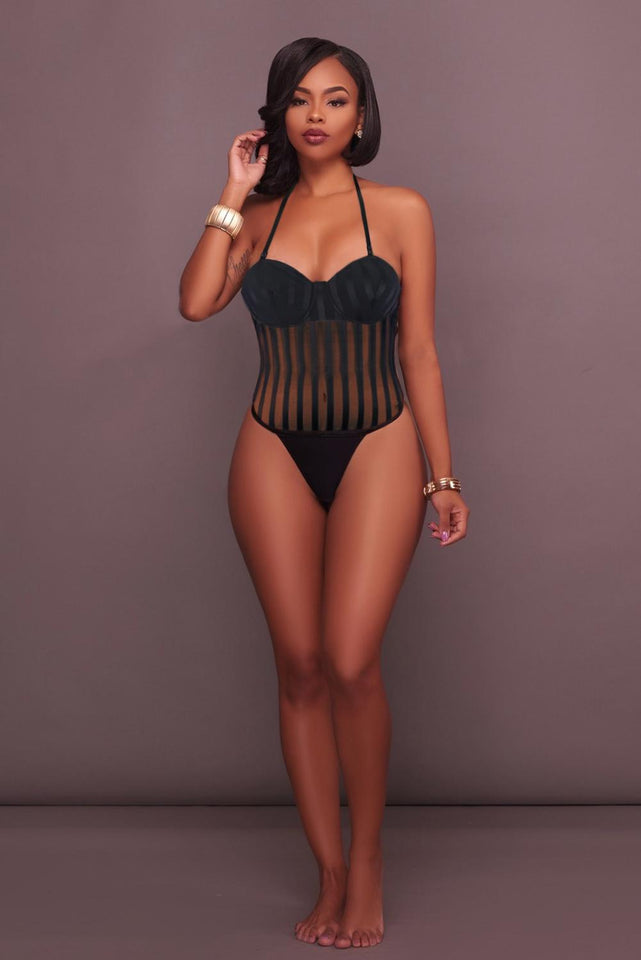 Black Striped Mesh Bodysuit
