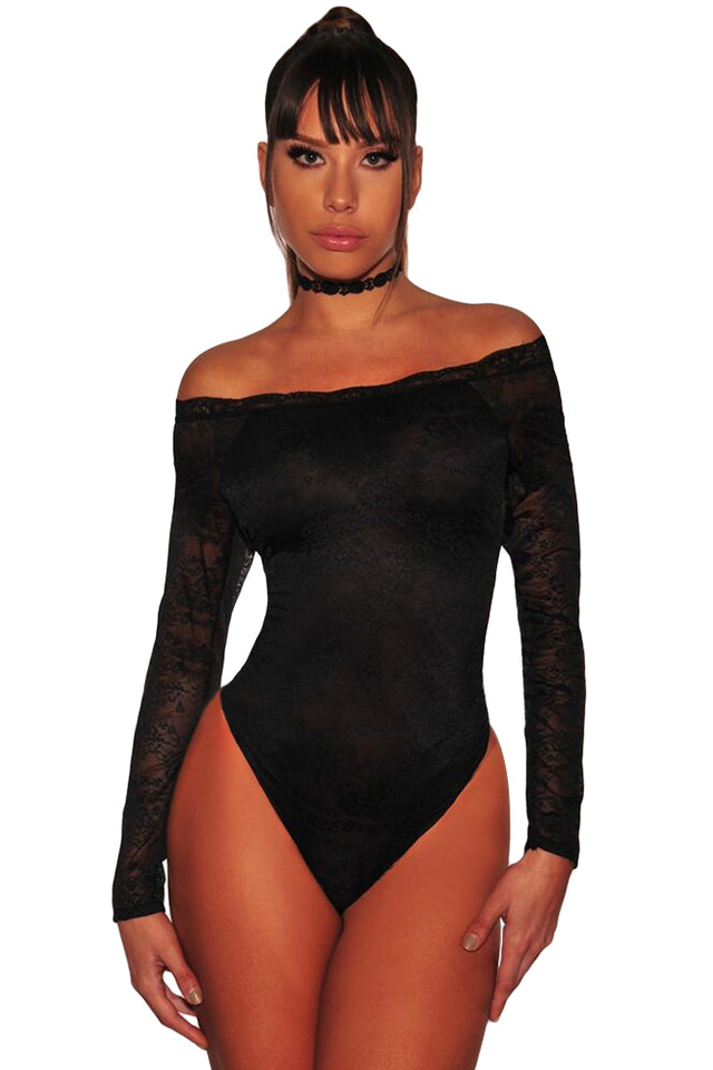 Black Long Sleeve Off Shoulder Lace Bodysuit