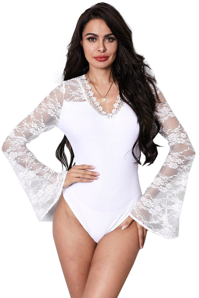 White Flare Lace Sleeve Ribbed Bodysuit