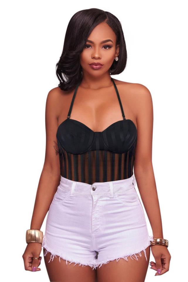 Black Striped Mesh Bodysuit