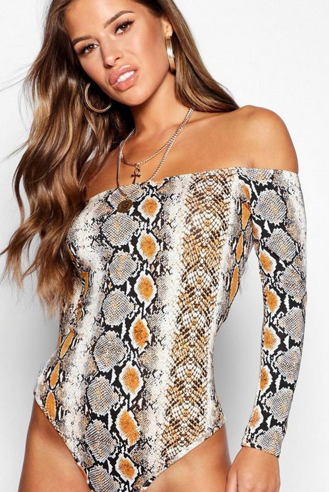 Off Shoulder Snake Print Bodysuit