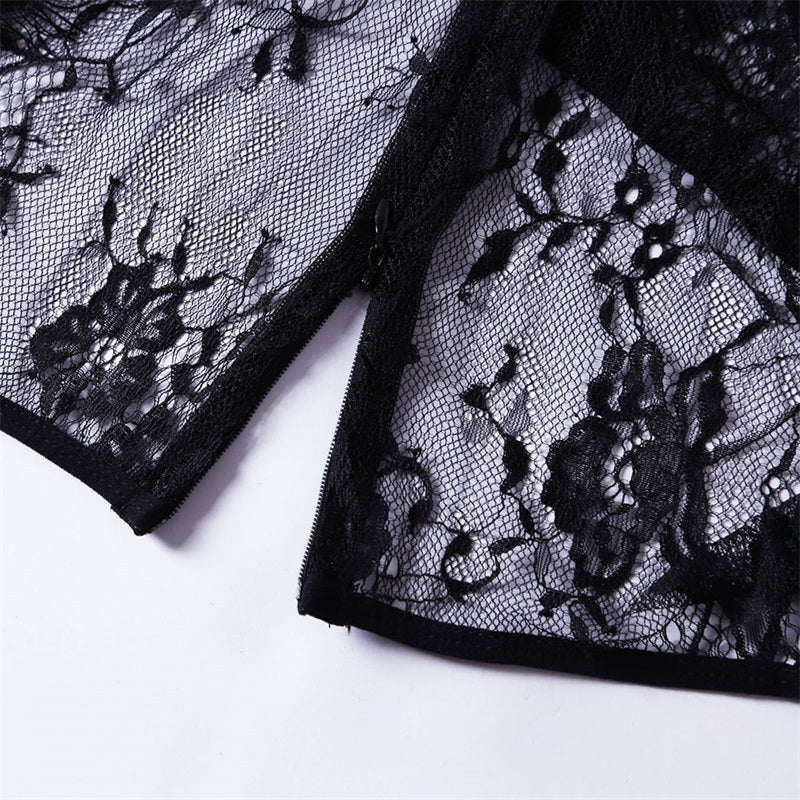 Black Long Sleeve Embroidery Lace Bodysuit