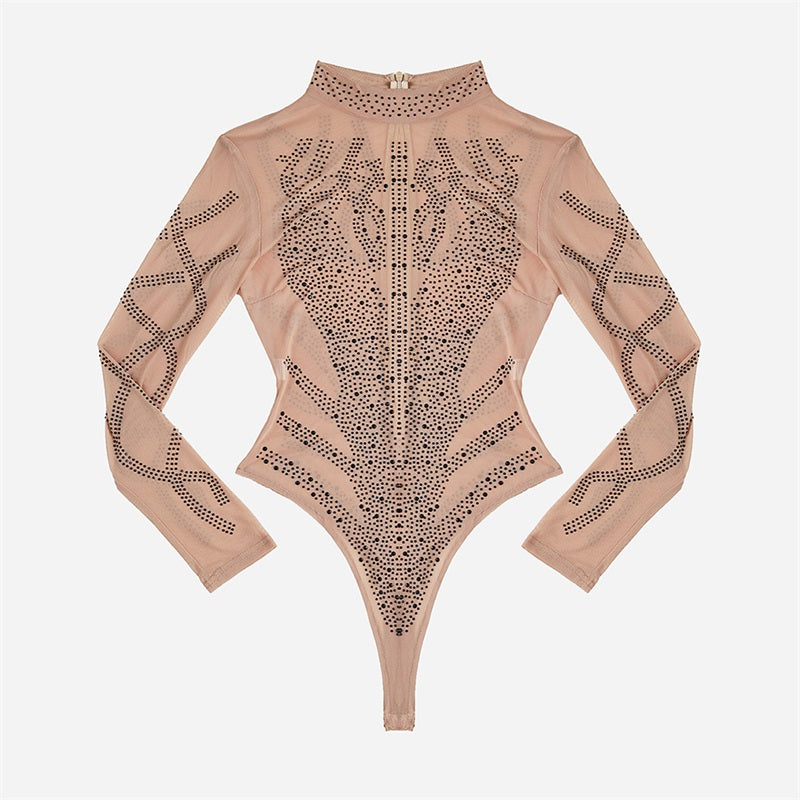 Khaki Black Rhinestone Faux Bustier Mesh Long Sleeves Bodysuit