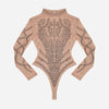 Khaki Black Rhinestone Faux Bustier Mesh Long Sleeves Bodysuit