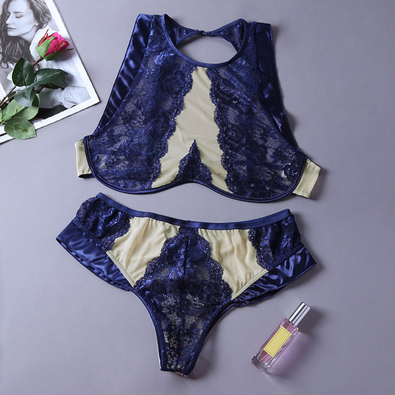 Blue Sheer Lace Mesh Cutout 2pcs Conjunto de lencería