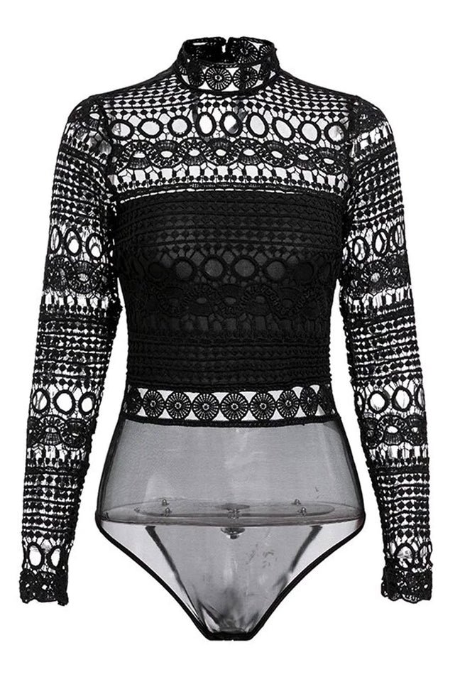 Hollow Out High Neck Long Sleeve Lace Bodysuit