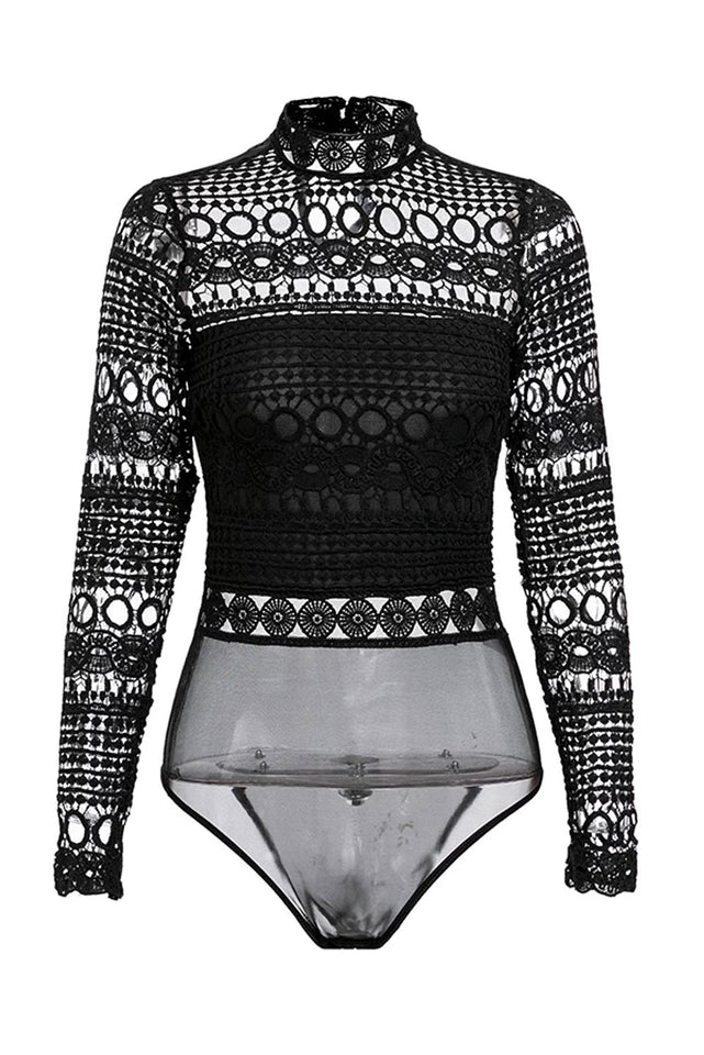 Hollow Out High Neck Long Sleeve Lace Bodysuit