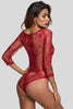 Burgundy Long Sleeve Embroidery Lace Bodysuit