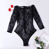 Black Long Sleeve Embroidery Lace Bodysuit