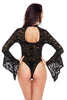 Black Sheer Floral Lace Long Bell Sleeve Bodysuit