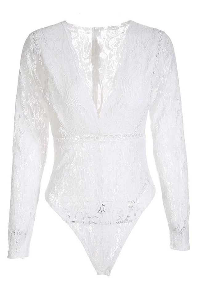 White Deep V-Neck See Through Skinny Lace Bodysuit