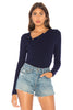 Blue Asymmetric Snap Button Ribbed Knit Bodysuit