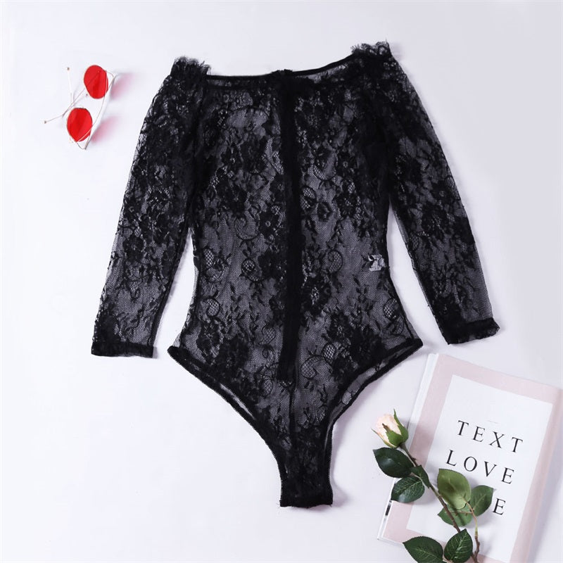 Black Long Sleeve Embroidery Lace Bodysuit