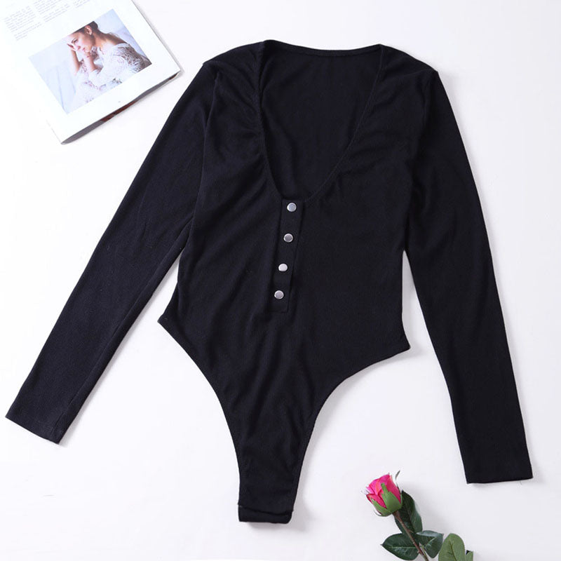 Black Ribbed Knit Long Sleeves Bodysuit