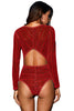 Red Deep V Neck Long Sleeve Bodysuit with Open Back