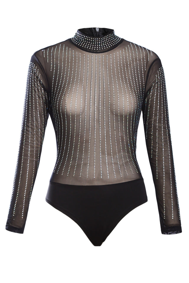 Black Iridescent Rhinestone Studded Mock Neck Long Sleeves Bodysuit
