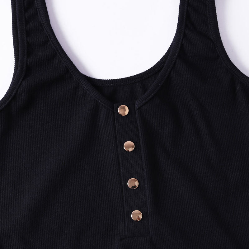 Black Ribbed Knit Button Up Tank Bodysuit