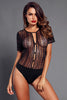 Black Button Front Sheer Floral Lace Bodysuit