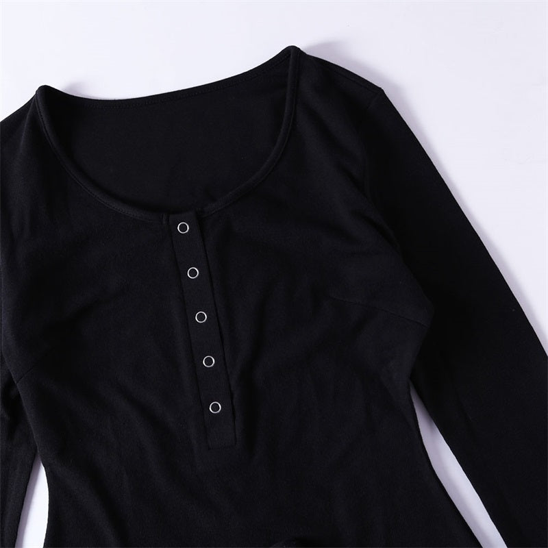 Black Long Sleeve Button Front Bodysuit