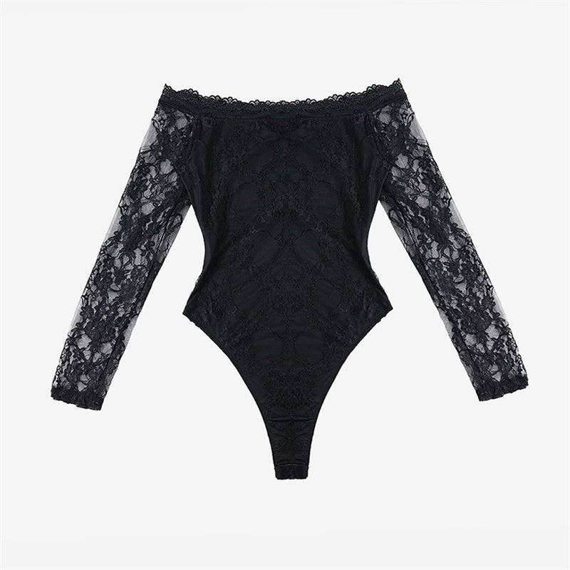 Black Long Sleeve Off Shoulder Lace Bodysuit