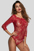 Burgundy Long Sleeve Embroidery Lace Bodysuit