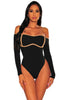 Black Ribbed Knit Mocha Trim Off Shoulder Bodysuit