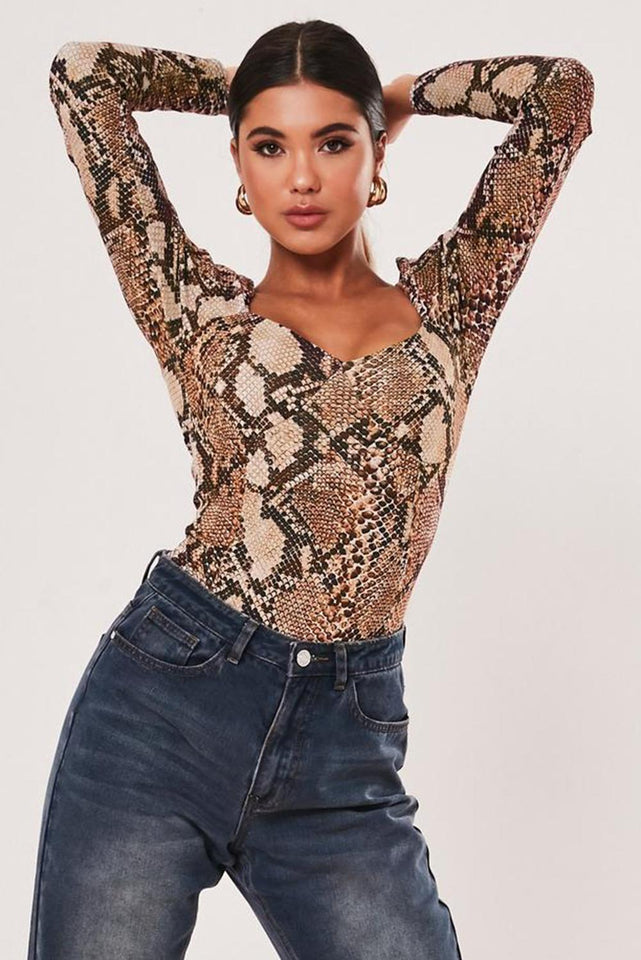 Brown Snake Print Puff Sleeve Bodysuit