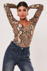 Brown Snake Print Puff Sleeve Bodysuit