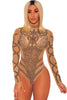 Khaki Black Rhinestone Faux Bustier Mesh Long Sleeves Bodysuit