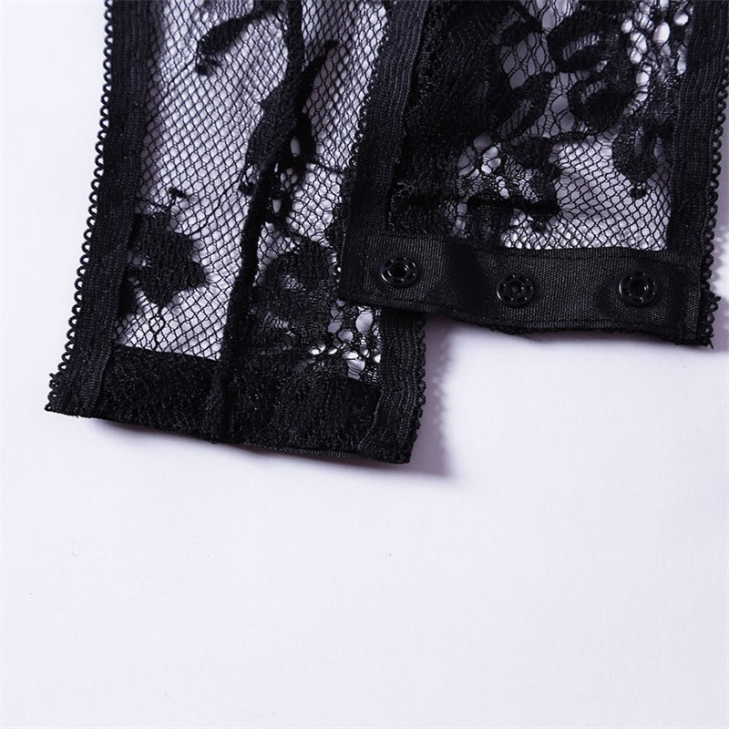 Black Long Sleeve Embroidery Lace Bodysuit