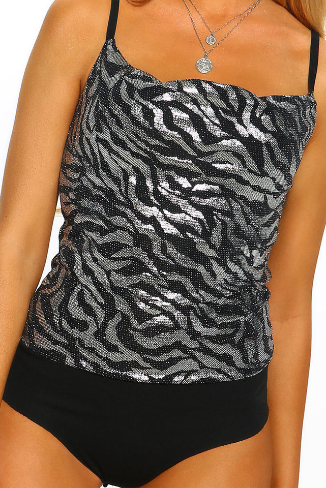 Night Fever Silver Metallic Zebra Print Cowl Neck Bodysuit